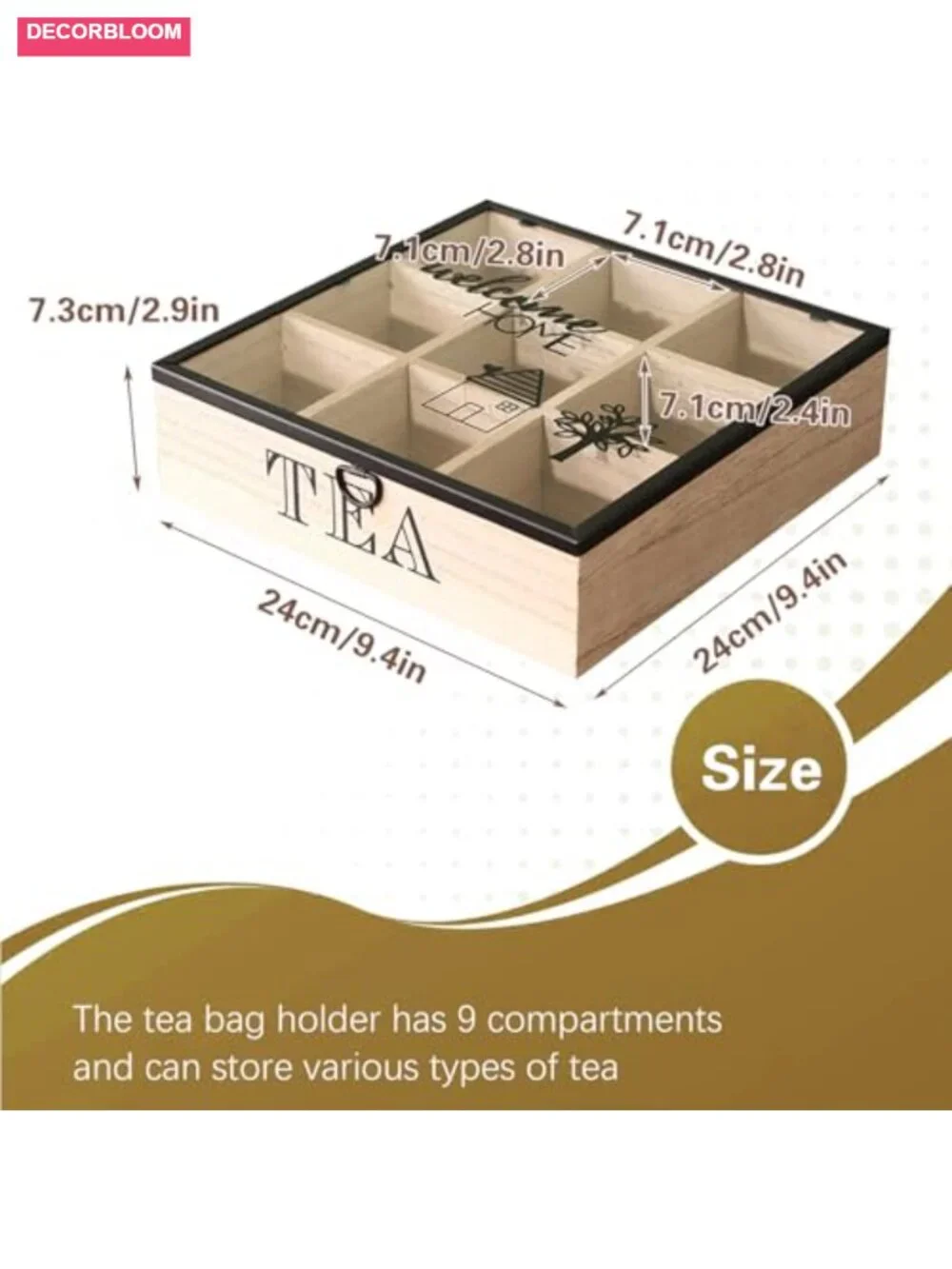 Wood Tea Box Organizer with 9 Compartments & Clear Acrylic Top Window